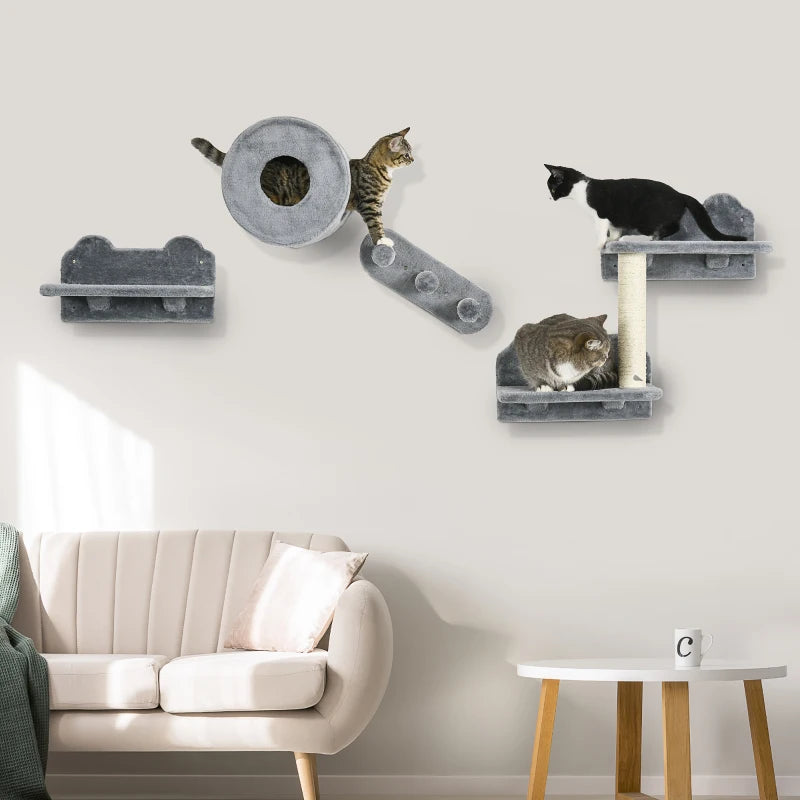 4PCs Wall-Mounted Cat Tree, with Steps, Perch, Cat House - Grey