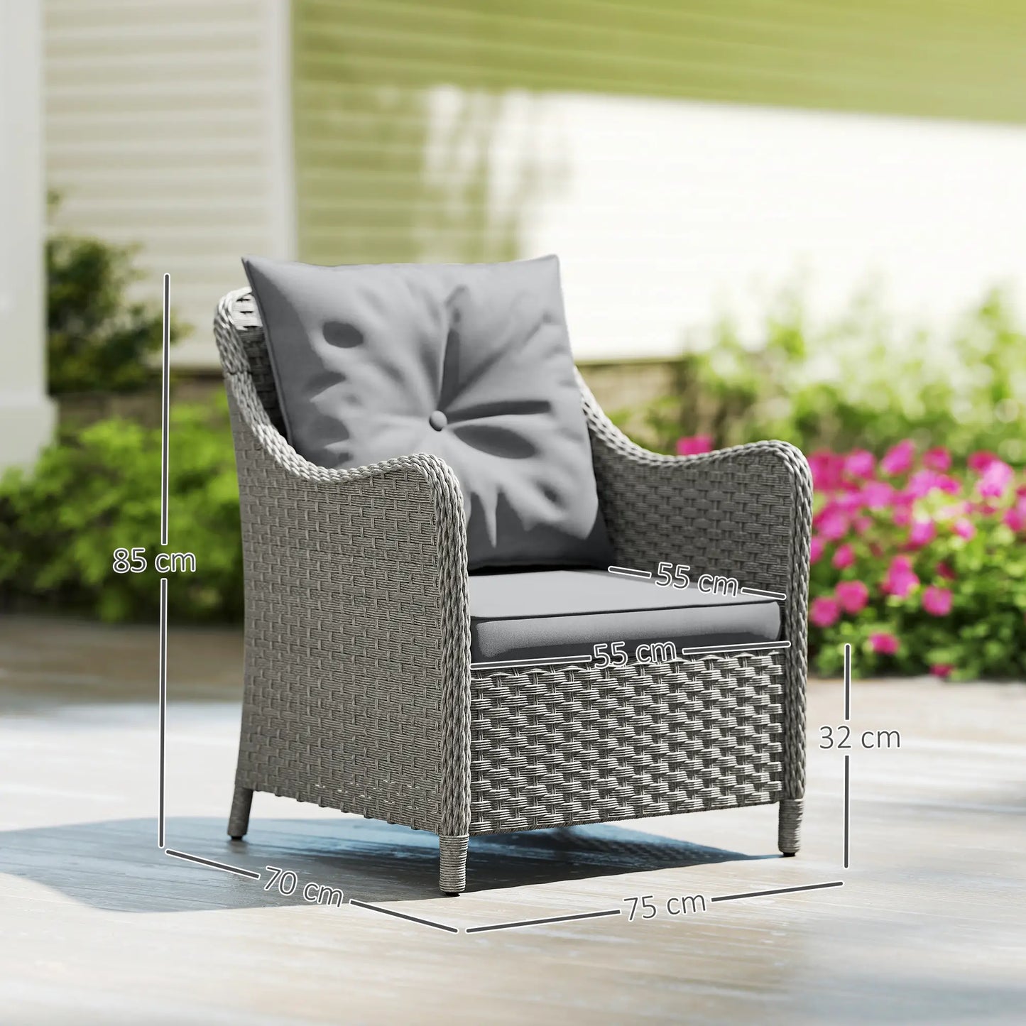 Set of 2 PE Rattan Garden Chairs with Cushions - High-Back Patio Armchairs