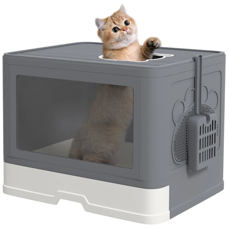 Enclosed Cat Litter Box with lid, Front Entry, Top Exit, Drawer, Tray, Scoop, Brush, 48.5 x 38 x 36.5cm - Grey