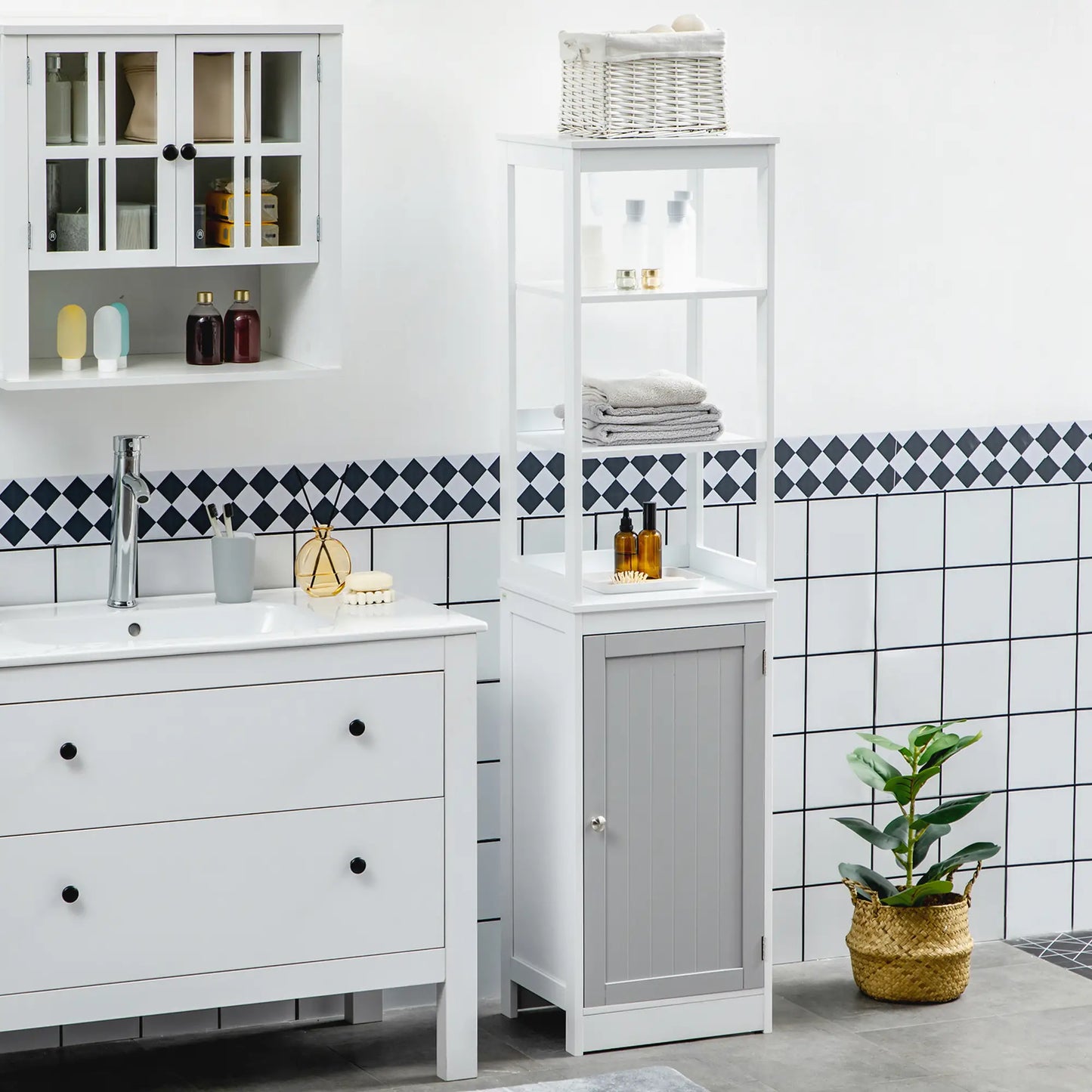 Tallboy Tall Bathroom Cabinet in White Grey