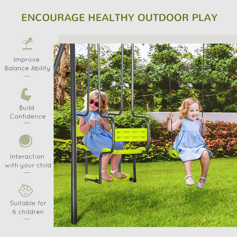 Metal Garden Swing Set with Double Swings, Glider, Swing Seats - Green