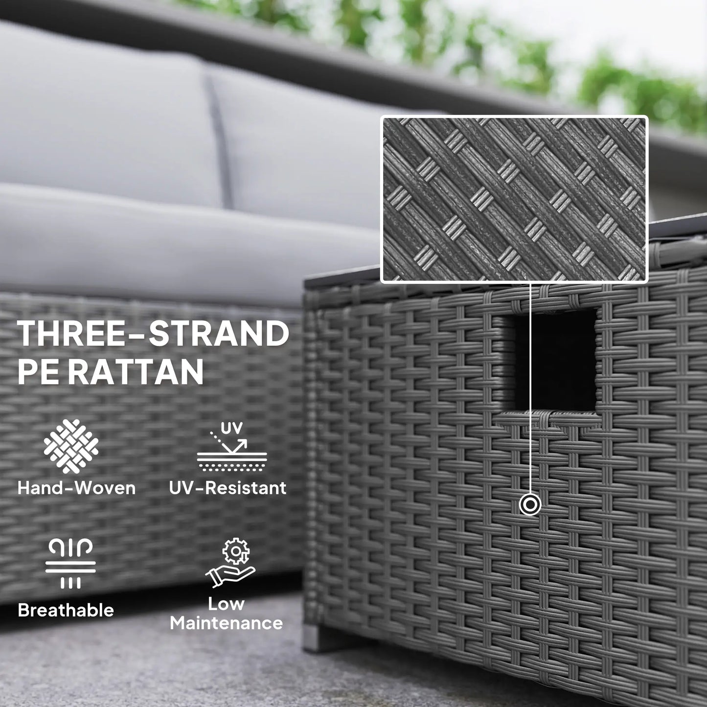 Five Piece Rattan Garden Furniture Set with Gas Fire Pit Table and Footstool - Grey