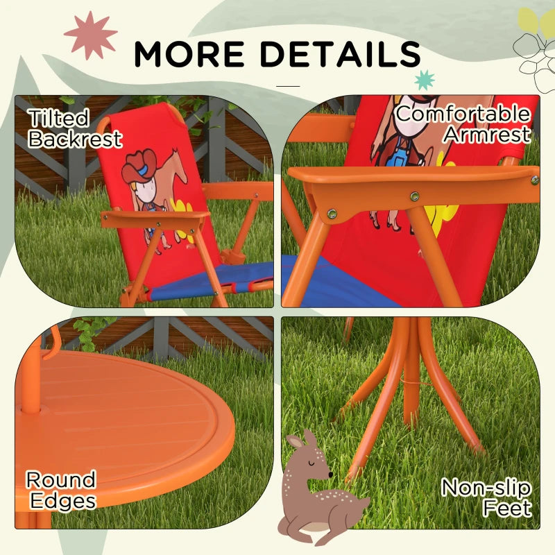 Kids Picnic Table and Chair Set, Cowboy Themed Outdoor Garden Furniture w/ Foldable Chairs, Adjustable Parasol