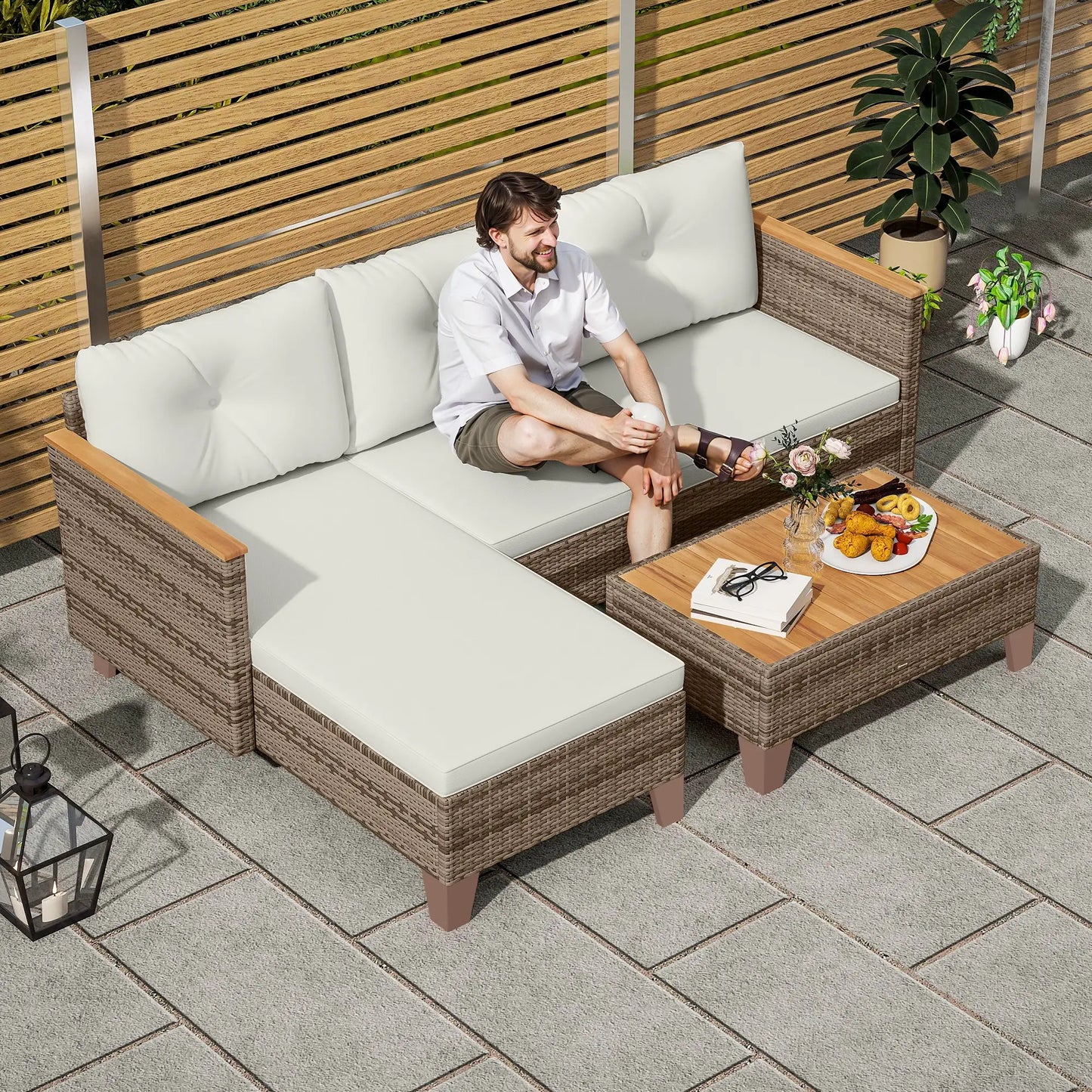 3 Pieces Rattan Garden Furniture Set - L-Shaped Sofa with Acacia Wood Coffee Table & Cushions - Cream