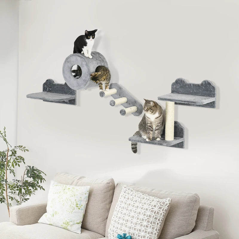 4PCs Wall-Mounted Cat Tree, with Steps, Perch, Cat House - Grey