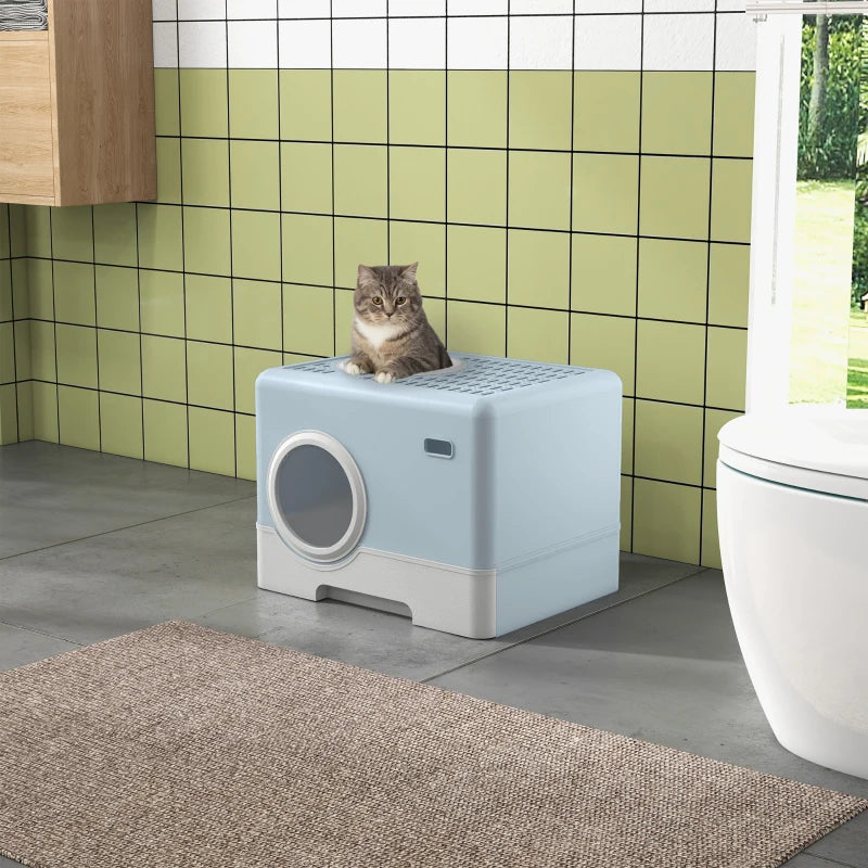 Enclosed Cat Litter Box, with Lid, Front Entry, Top Exit, Pull-Out Tray, Scoop - Blue