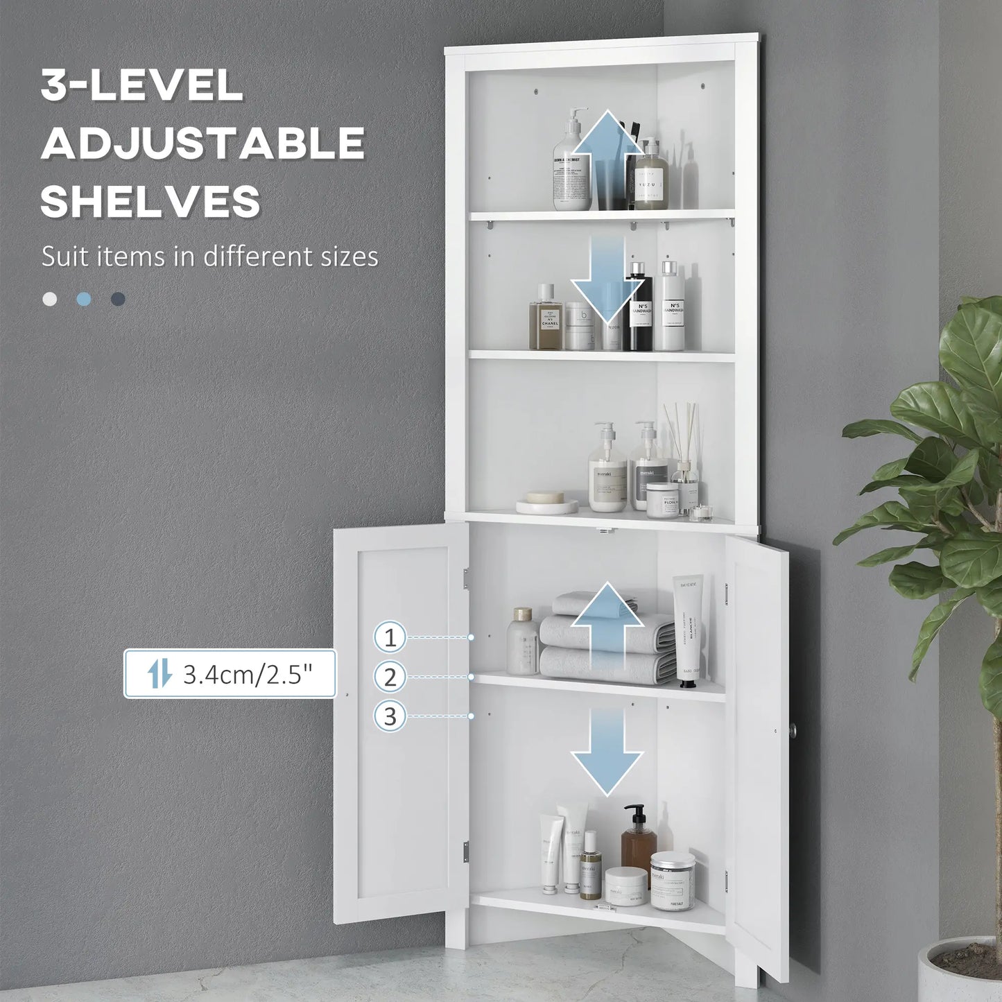 White Triangle Corner Bathroom Storage Unit with Cupboard and 3-Tier Shelves