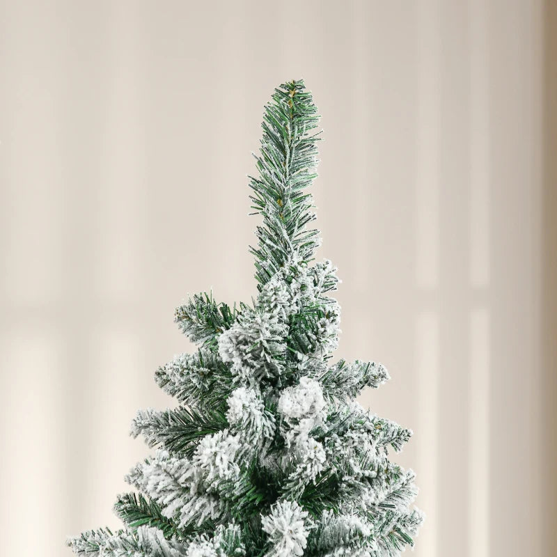 6FT Snow Flocked Artificial Christmas Pencil Tree with Realistic Branches, Auto Open, Pinewood Base - Green