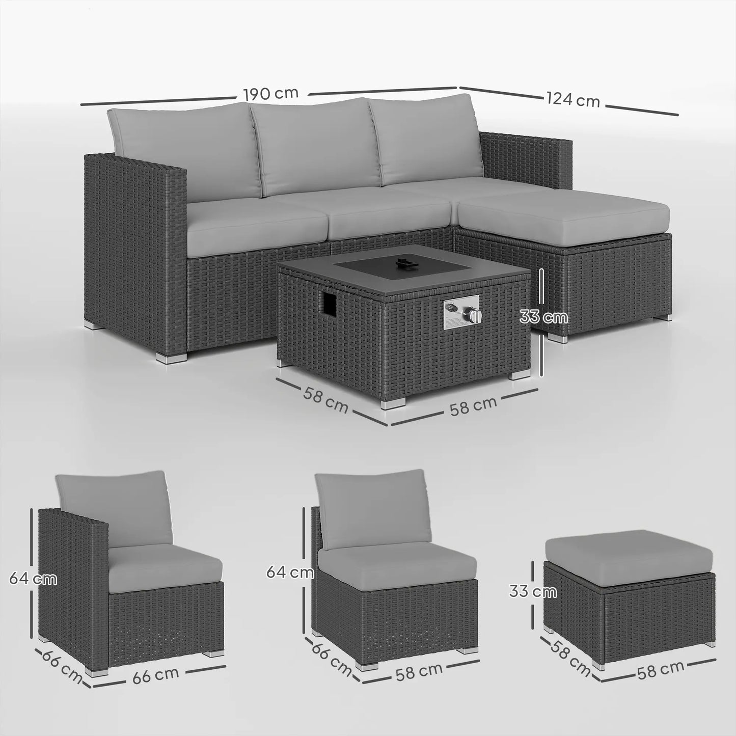 Five Piece Rattan Garden Furniture Set with Gas Fire Pit Table and Footstool - Grey
