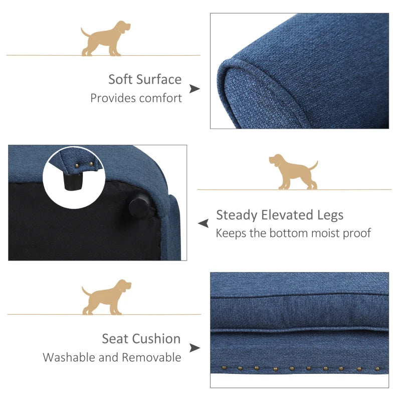 Dog Sofa for Small Dogs, Pet Chair Couch with Thick Sponge Padded Cushion, Kitten Lounge Bed with Washable Cover, Wooden Frame - Blue