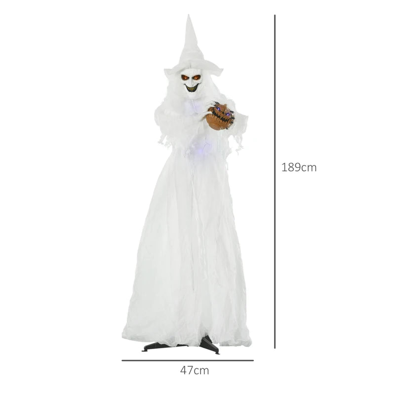 74 Inch Halloween Decorations White Witch Holding Pumpkin Head, Standing Skeleton Ghost Prop Life Size with Light Up Eyes and Body