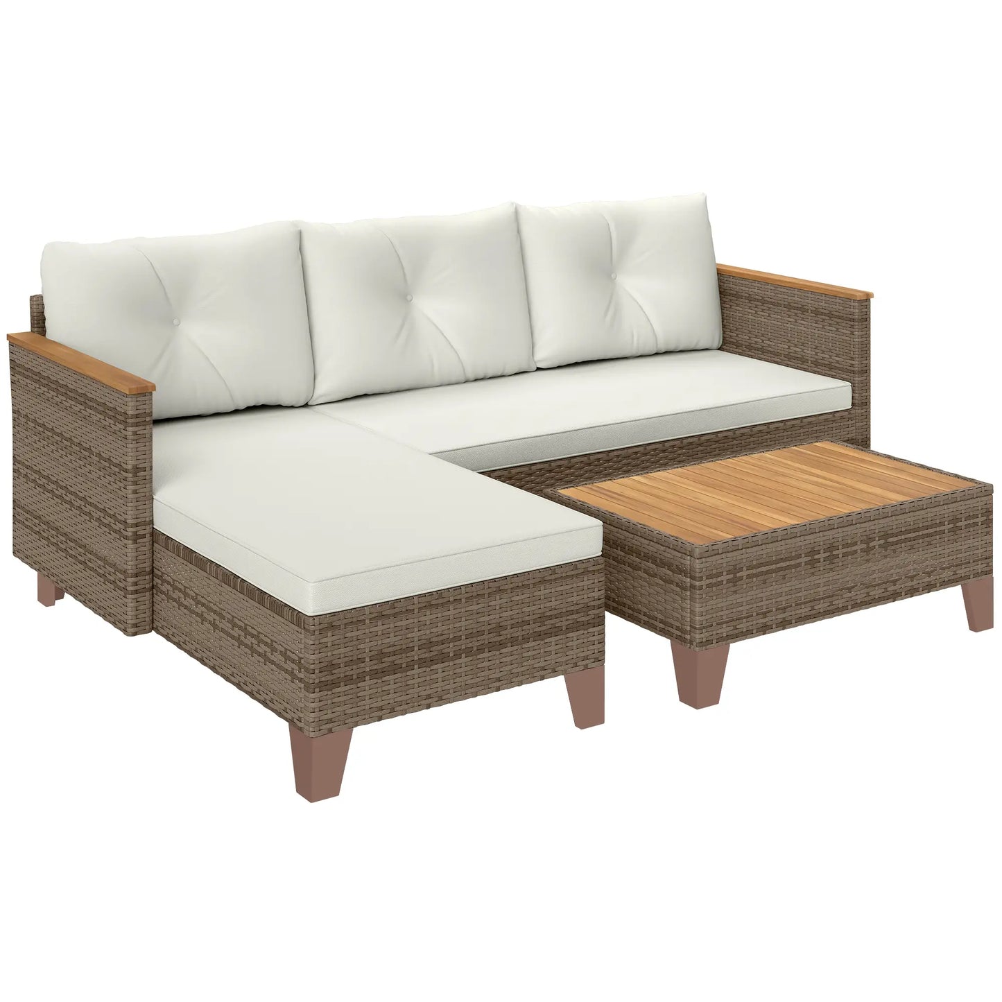 3 Pieces Rattan Garden Furniture Set - L-Shaped Sofa with Acacia Wood Coffee Table & Cushions - Cream