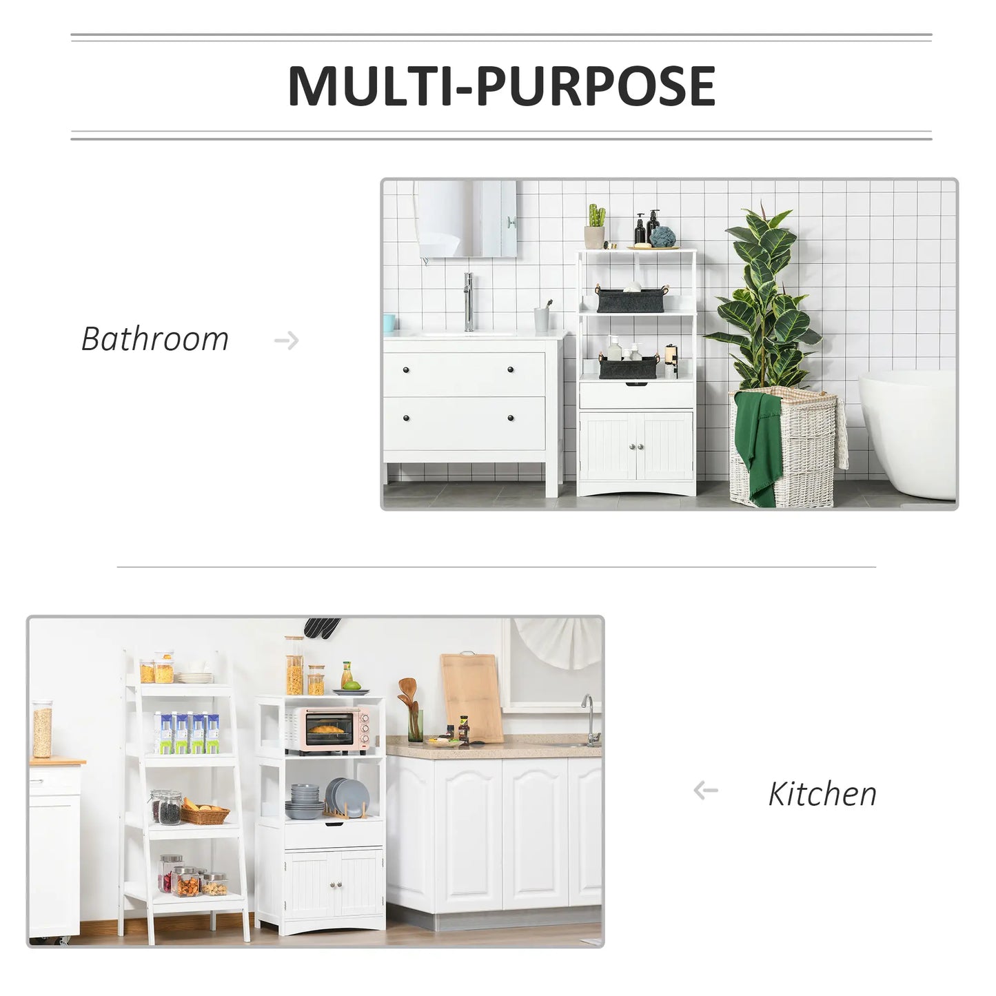 White Bathroom Floor Cabinet - Storage with Drawer, Open Shelves & Cupboard