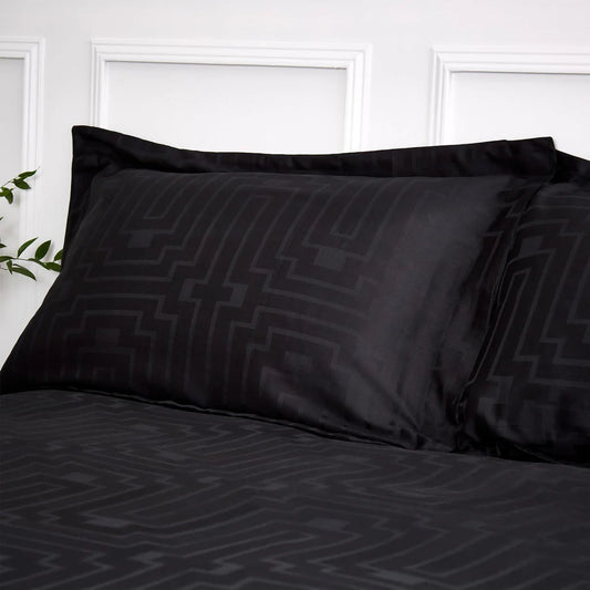 Satin Geo Jacquard 100% Cotton Black Oxford Pillowcase Pair by Bianca