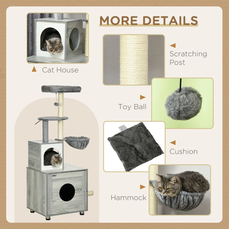 Enclosed Cat Litter Box with Cat House, Cat Bed, Scratching Posts, Platforms, for Indoor Cats - Grey