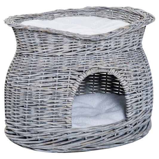 2-Tier Wicker Cat House Elevated Pet Bed Basket Willow Kitten Tower Pet Den. with Washable Cushions 56x37x40cm Grey