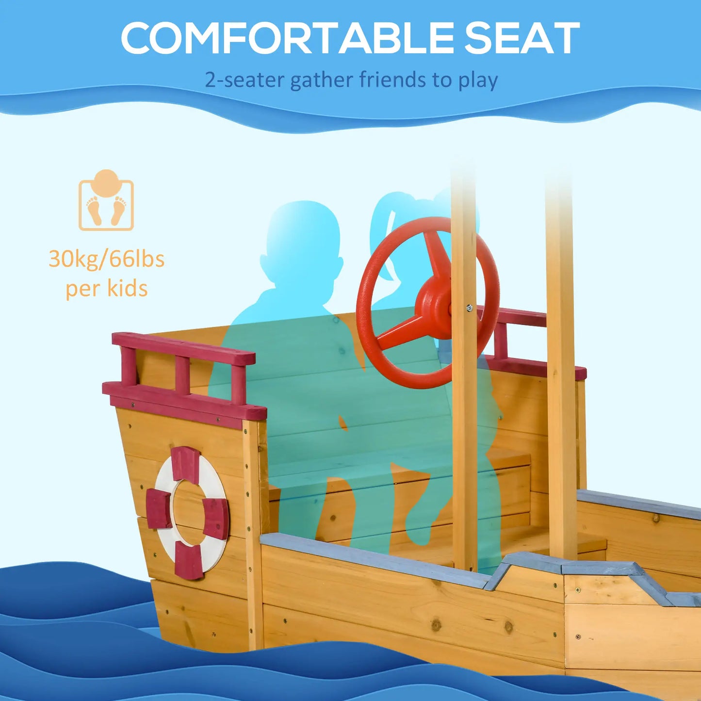 Kids Pirate Ship Wooden Sand Pit with Canopy Shade