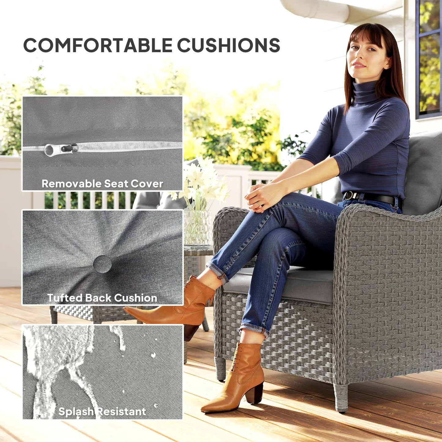 Set of 2 PE Rattan Garden Chairs with Cushions - High-Back Patio Armchairs