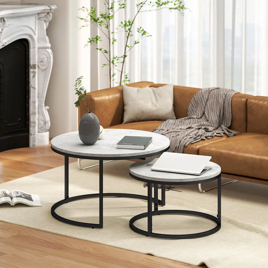 Set of Two Marble-Effect Stacking Tables - Wood Grey