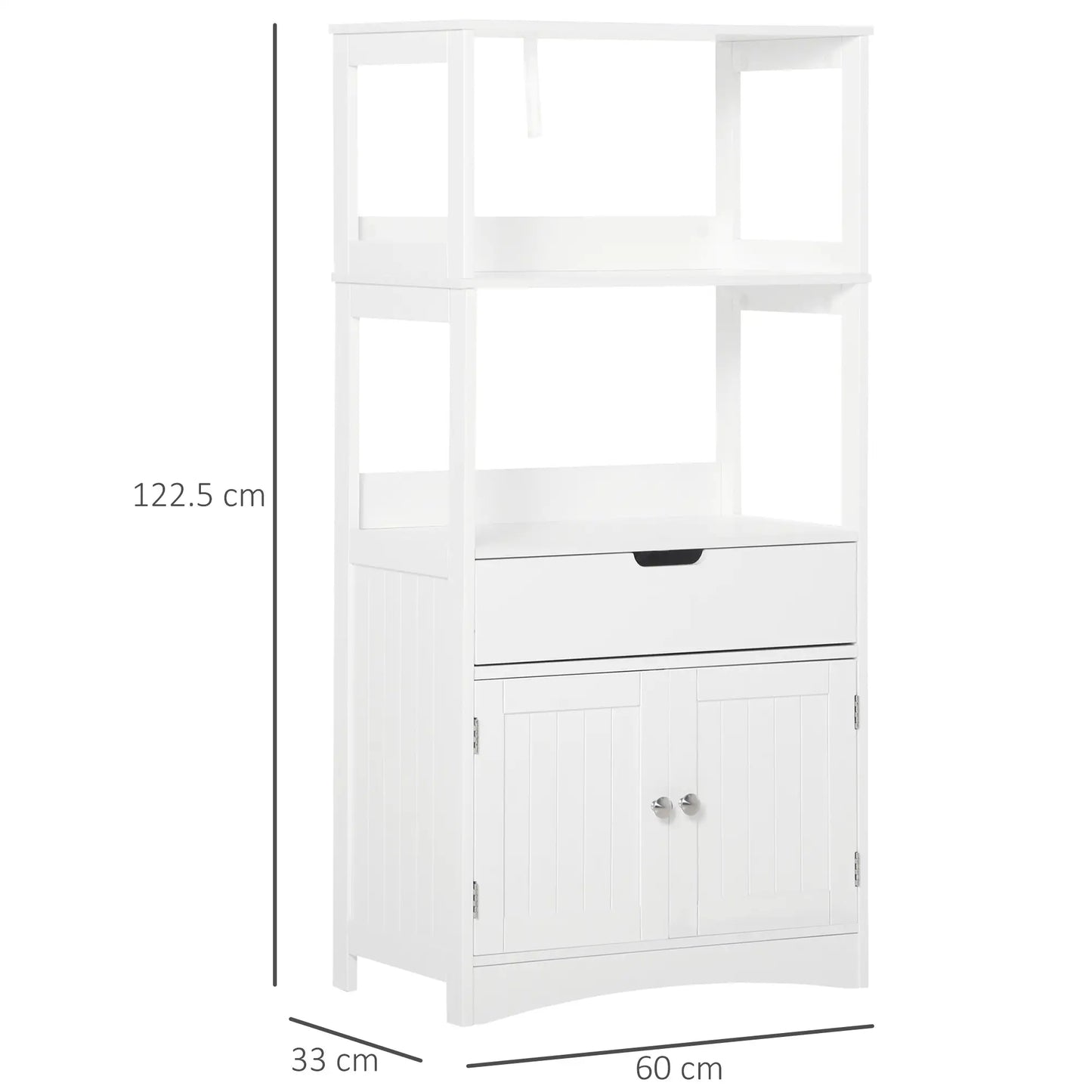 White Bathroom Floor Cabinet - Storage with Drawer, Open Shelves & Cupboard