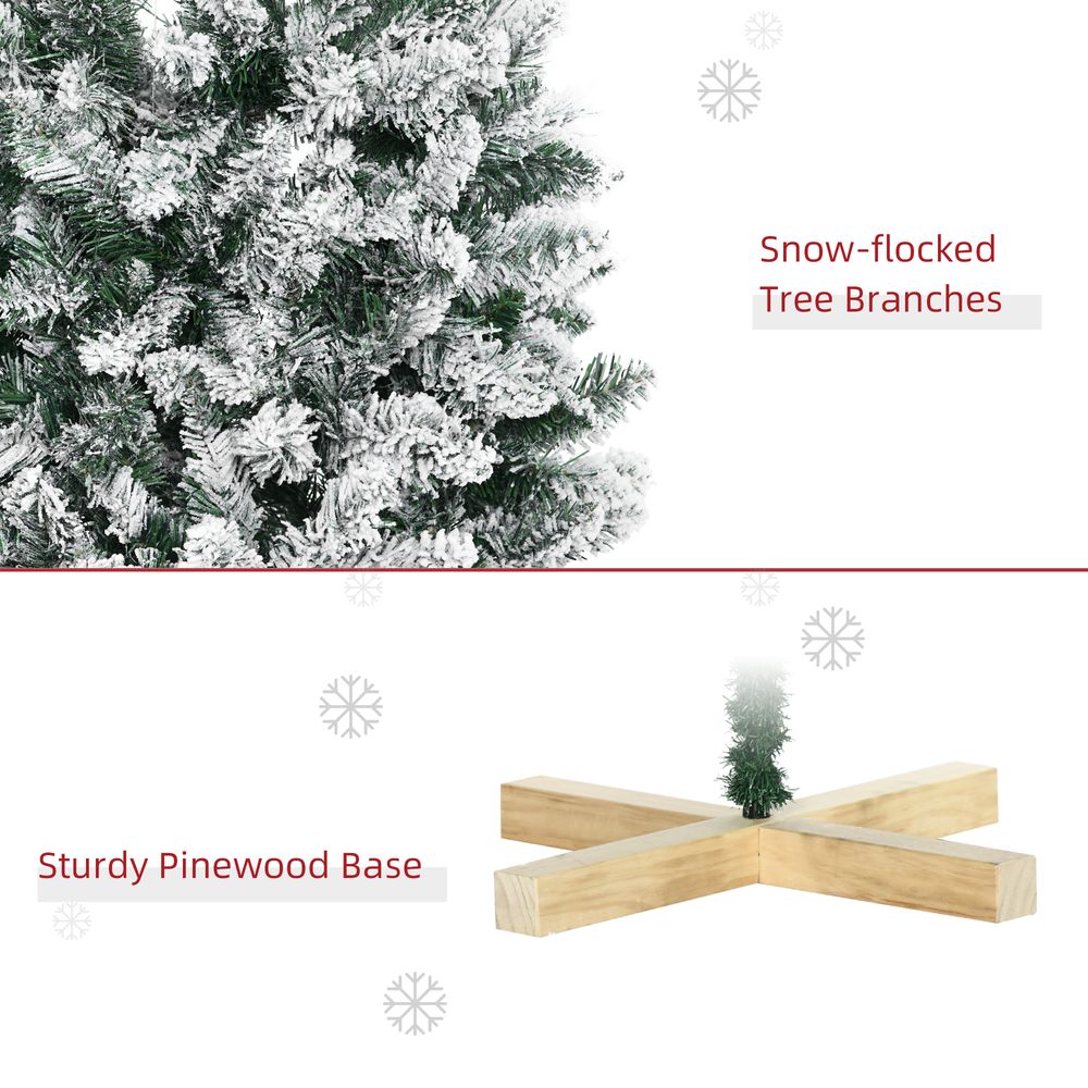 6FT Snow Flocked Artificial Christmas Pencil Tree with Realistic Branches, Auto Open, Pinewood Base - Green