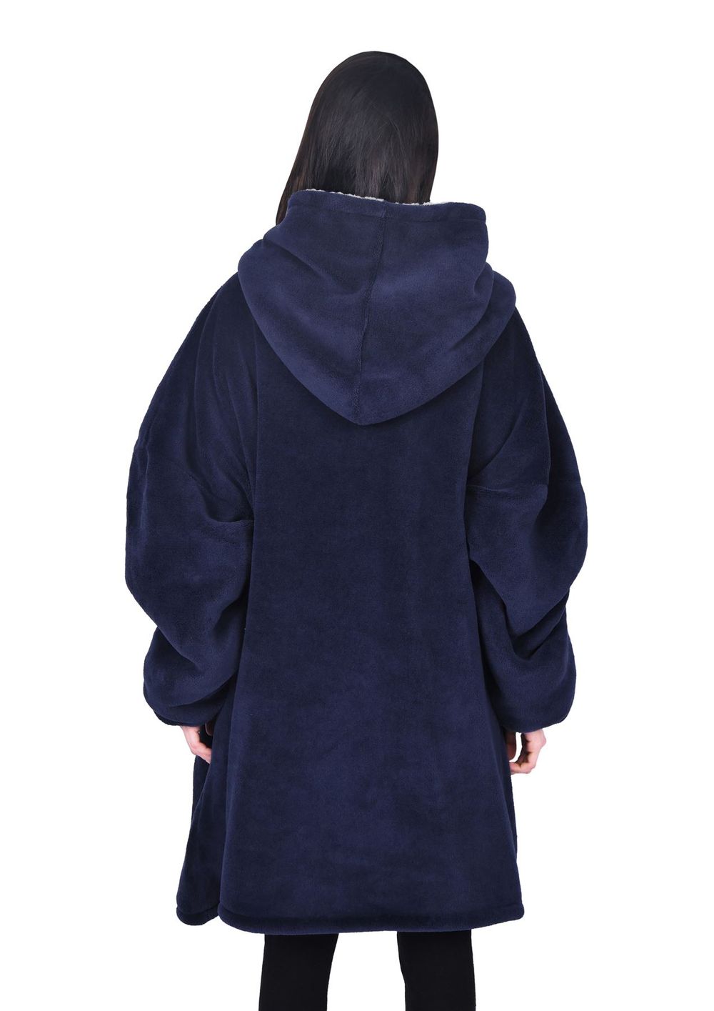 UNISEX CORAL FLEECE DOUBLE LAYER SOLID BLANKET HOODIE NAVY