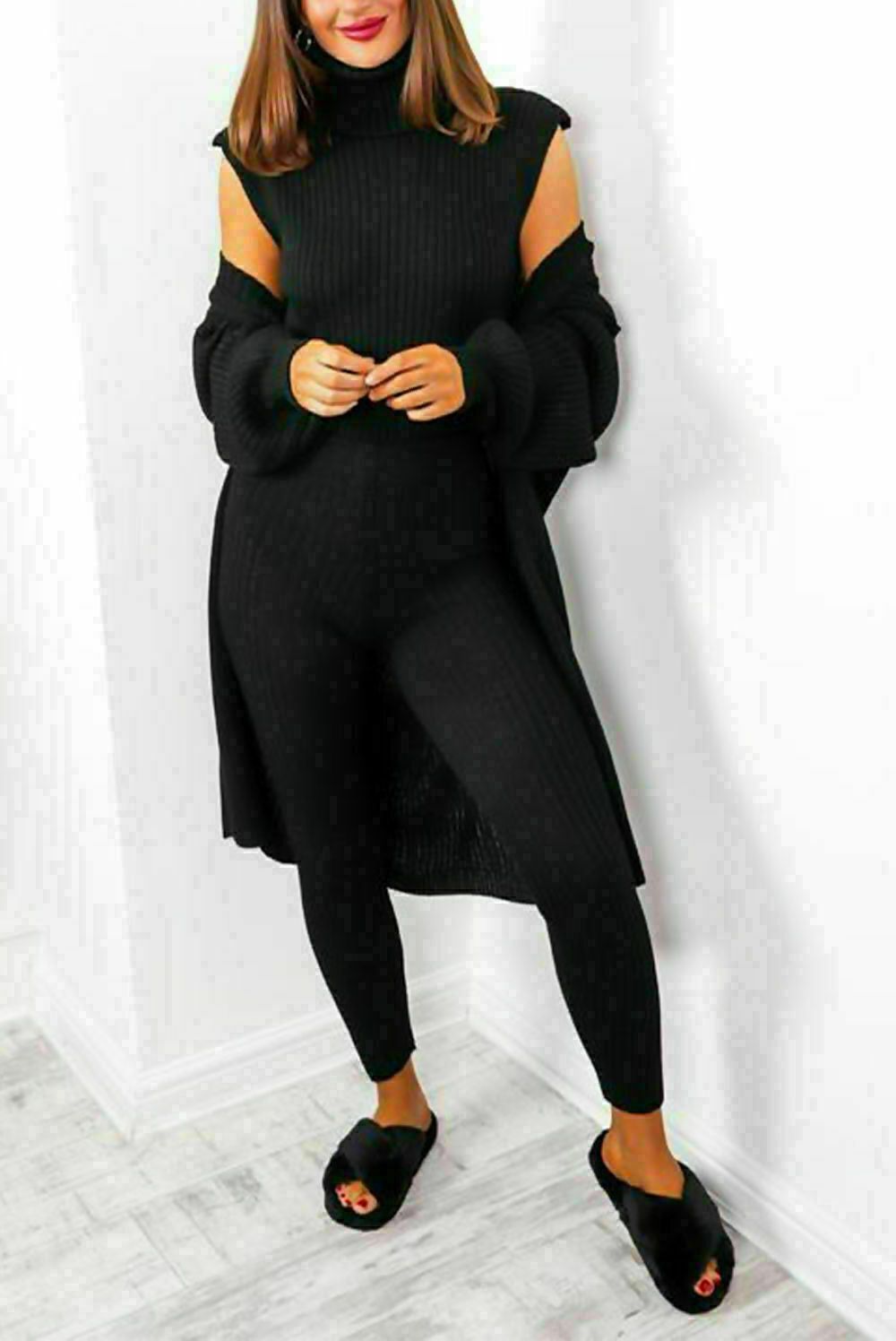 Ladies 3 Piece Suit Roll Neck Chunky Knitted Ribbed Tracksuit Lounge Set (One Size 8-14)