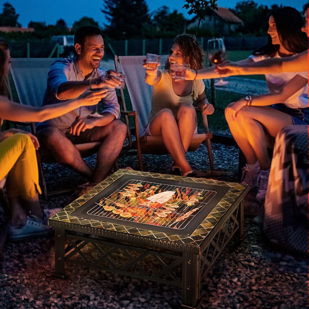 76cm Square Garden Fire Pit Square Table with Poker Mesh Cover Log Grate