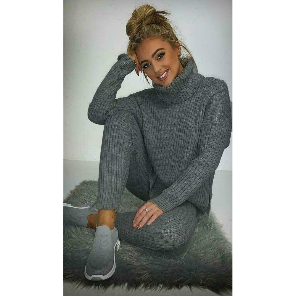 Ladies Chunky Knitted Ribbed Polo High Neck Top Leggings Loungewear Suit Set