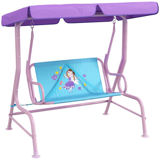 Two Seater Kids Garden Swing, Fairy Themed kids Swing Chair with Adjustable Canopy, Safety Belts