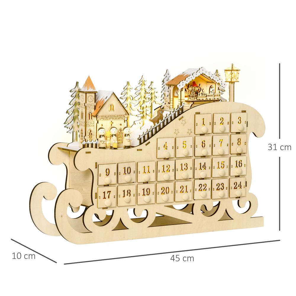 Christmas Advent Calendar Light Up Wooden Sleigh Countdown Natural