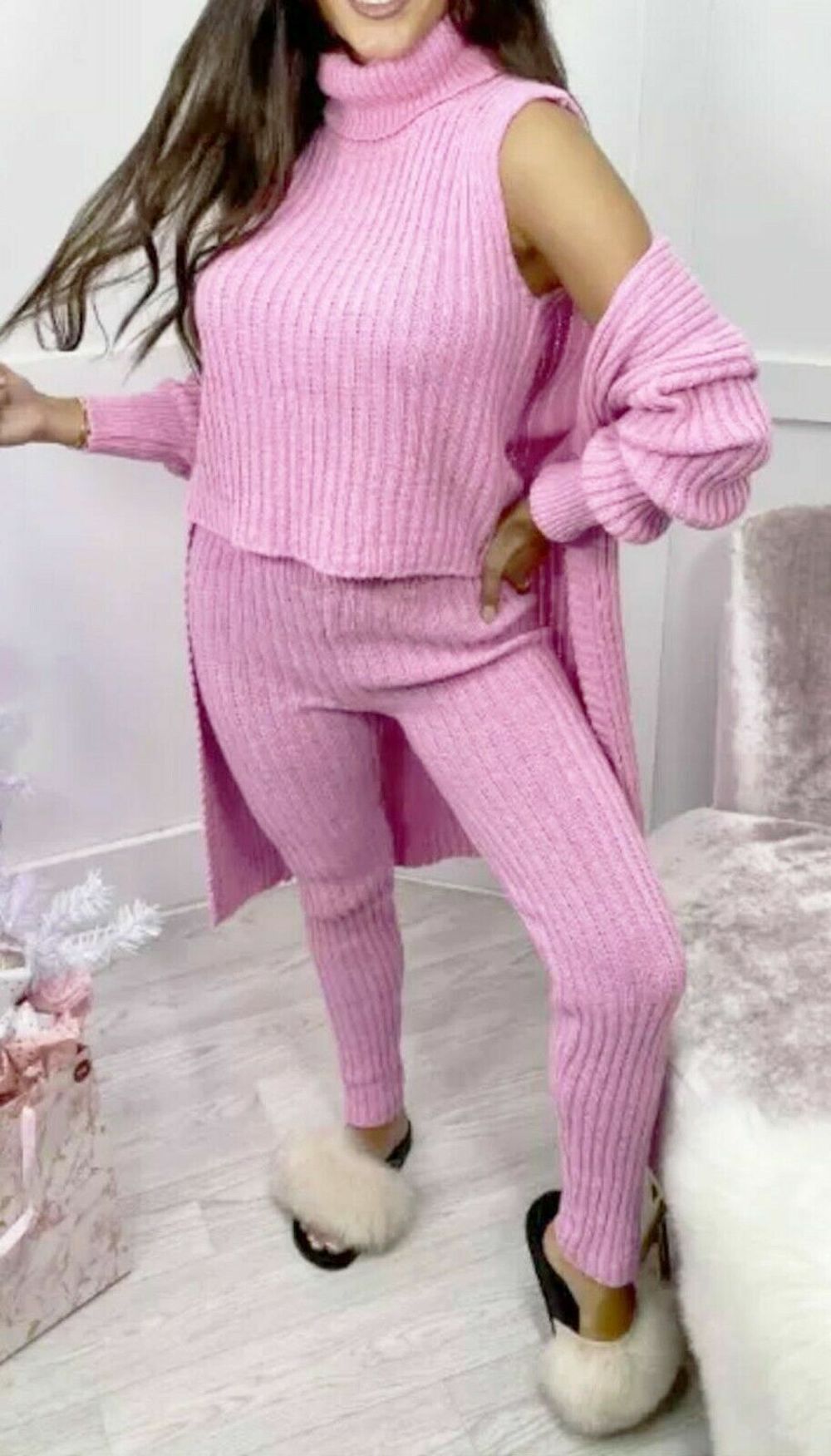 Ladies 3 Piece Suit Roll Neck Chunky Knitted Ribbed Tracksuit Lounge Set (One Size 8-14)