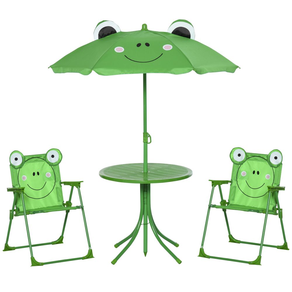 Foldable Patio Kids Metal Picnic Table with Frog Umbrella in Green - 4 Piece Set