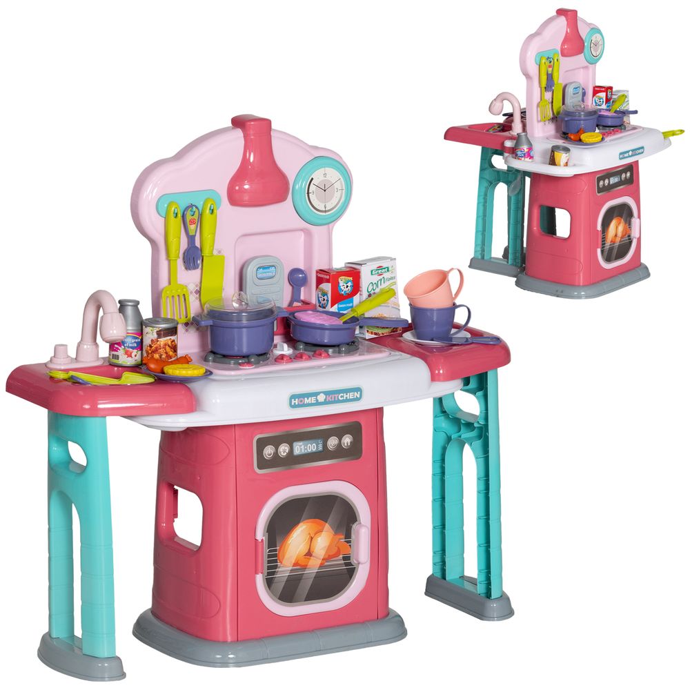 45 Pieces Kids Kitchen with Rotating Tables, Light, Sound, Spray