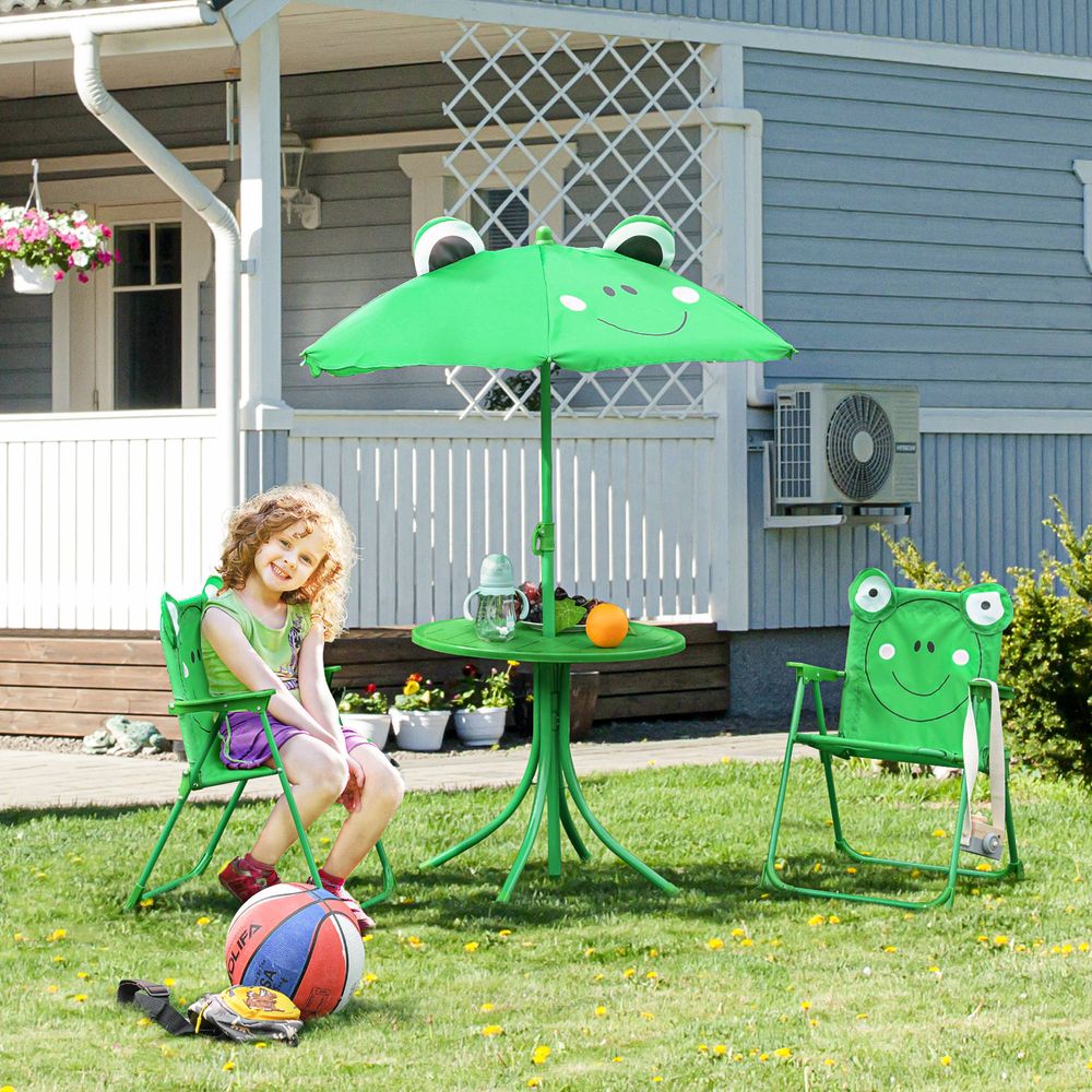 Foldable Patio Kids Metal Picnic Table with Frog Umbrella in Green - 4 Piece Set