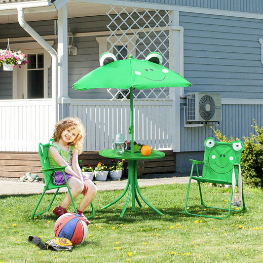 Foldable Patio Kids Metal Picnic Table with Frog Umbrella in Green - 4 Piece Set