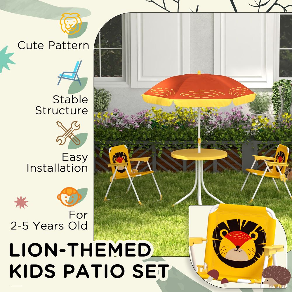 Kids Picnic Table and Chair Set, Lion Themed Outdoor Garden Furniture w/ Foldable Chairs, Adjustable Parasol - Yellow