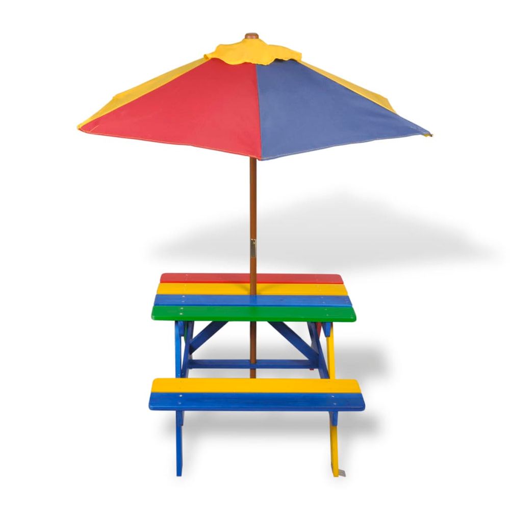 Kids Picnic Table with Benches and Parasol - Multicolour Wood