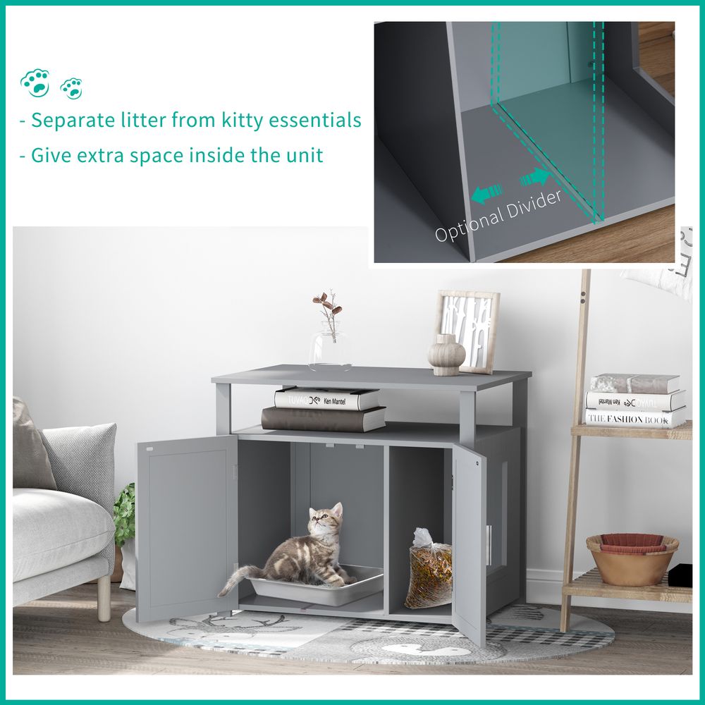 Wooden Cat Litter Box Enclosure Furniture with Adjustable Interior Wall & Large Tabletop for Nightstand, Grey