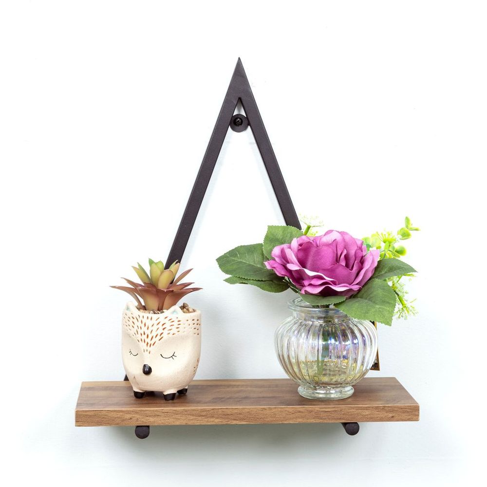 1 Tier Dark OAK Triangle Wall Shelf with Black Metal Frame - PARGI