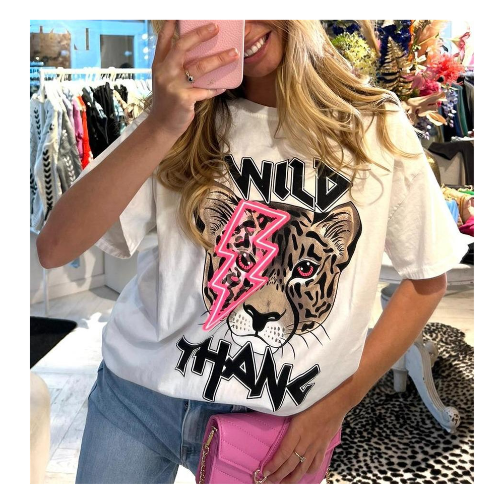 Ladies Oversized Tiger Lightning Wild Thang Short Sleeves T Shirt Top