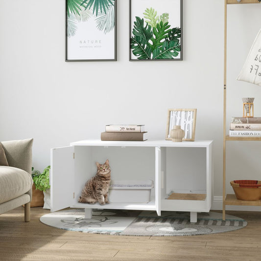 Wooden Cat Litter Box Enclosure & House with Nightstand/End Table Design, Scratcher, & Magnetic Doors, White