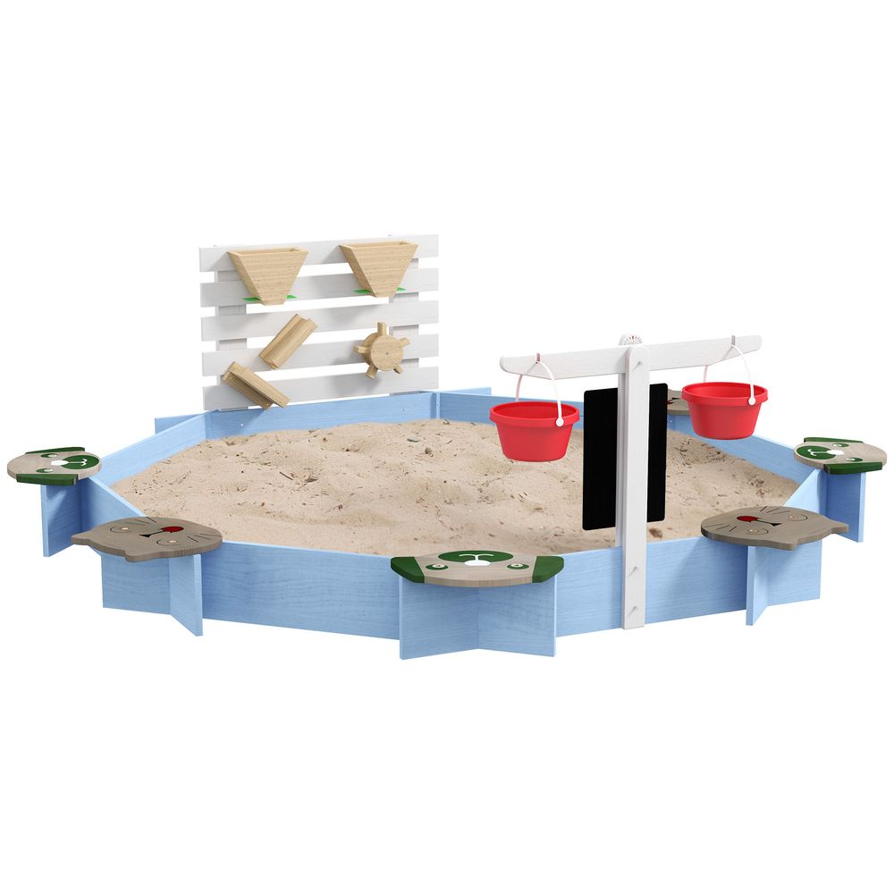 Wooden Sandbox, Outdoor Sand Pit, with Six Seats, Accessories, for Ages 3-7 Years - Blue