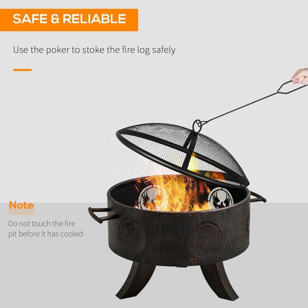 61cm Outdoor Fire Pit Patio Heater Charcoal Log Wood Burner with Screen Cover, Fire Bowl with Poker for Backyard, Bronze Tone