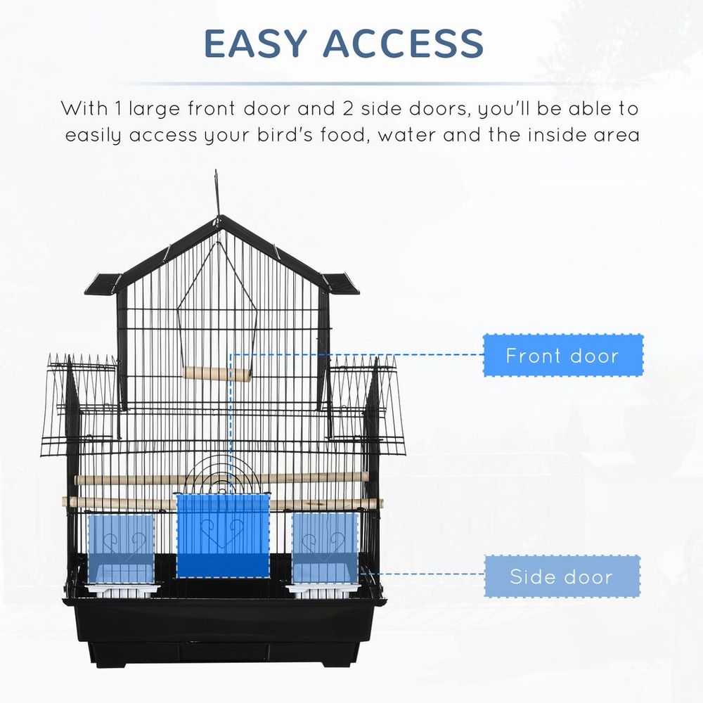 Metal Bird Cage with Plastic Perch, Food Container, Handle 50.5 x 40 x 63cm Black