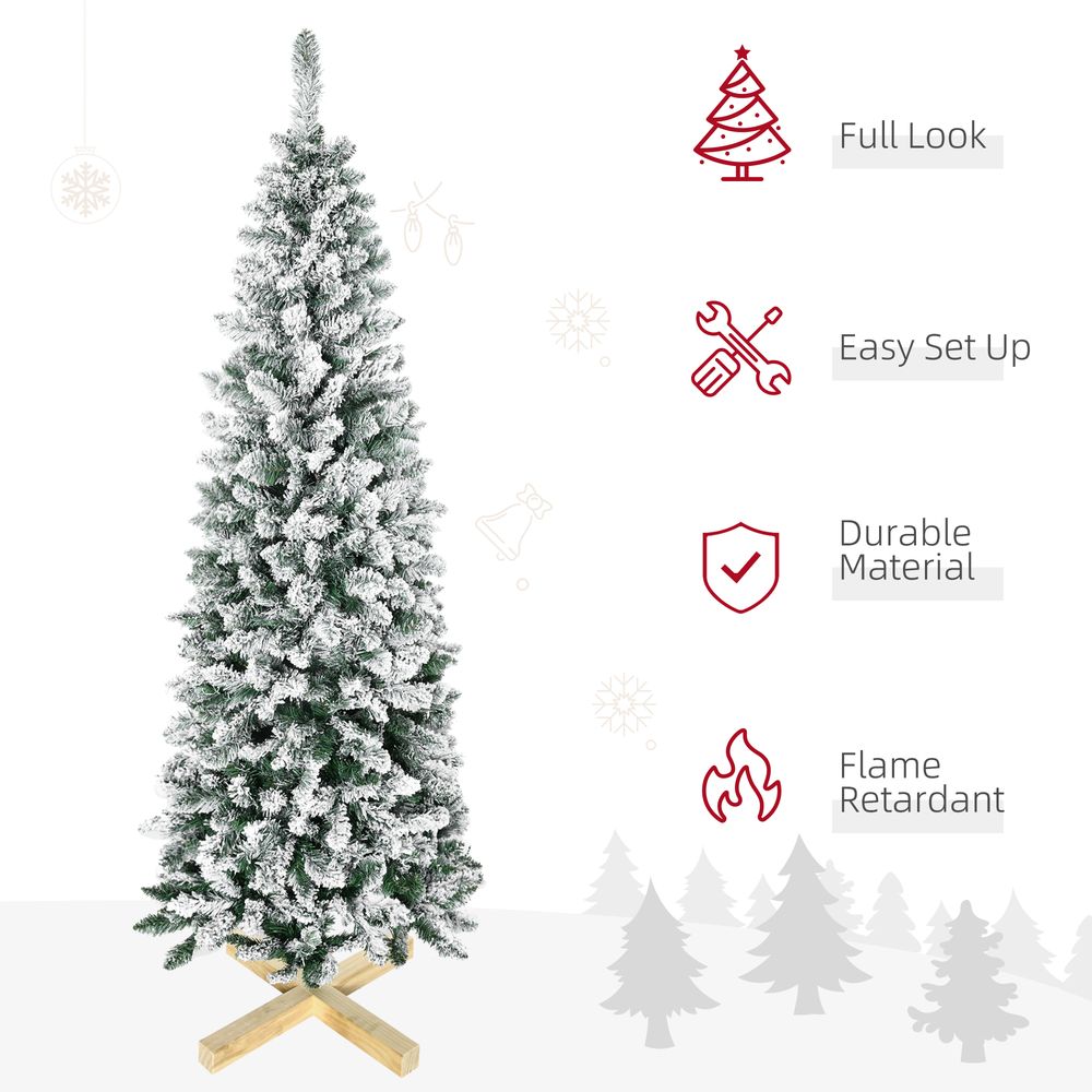 6FT Snow Flocked Artificial Christmas Pencil Tree with Realistic Branches, Auto Open, Pinewood Base - Green