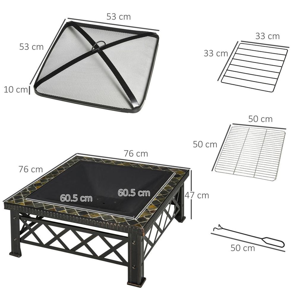 76cm Square Garden Fire Pit Square Table with Poker Mesh Cover Log Grate