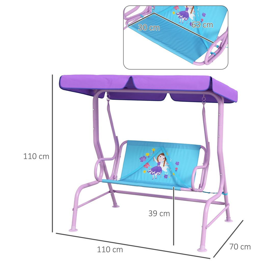 Two Seater Kids Garden Swing, Fairy Themed kids Swing Chair with Adjustable Canopy, Safety Belts