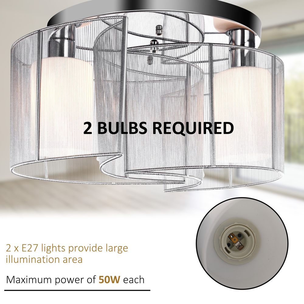 Modern Chandelier, Semi-Flush Mount Ceiling Light with 2 Light, E27 Bulb Base - White and Silver