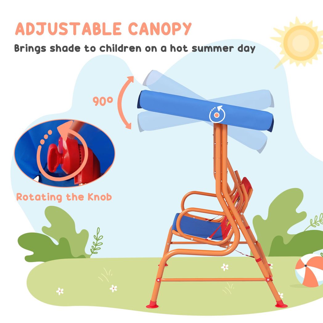 Two Seater Kids Garden Swing, Cowboy Themed kids Swing Chair with Adjustable Canopy, Safety Belts